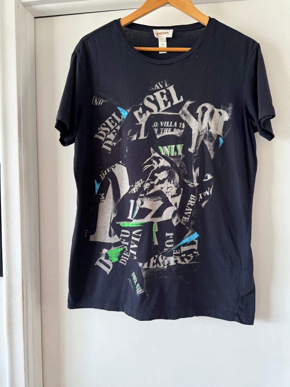 Diesel Black Graphic Tee with Blue & Green Accents